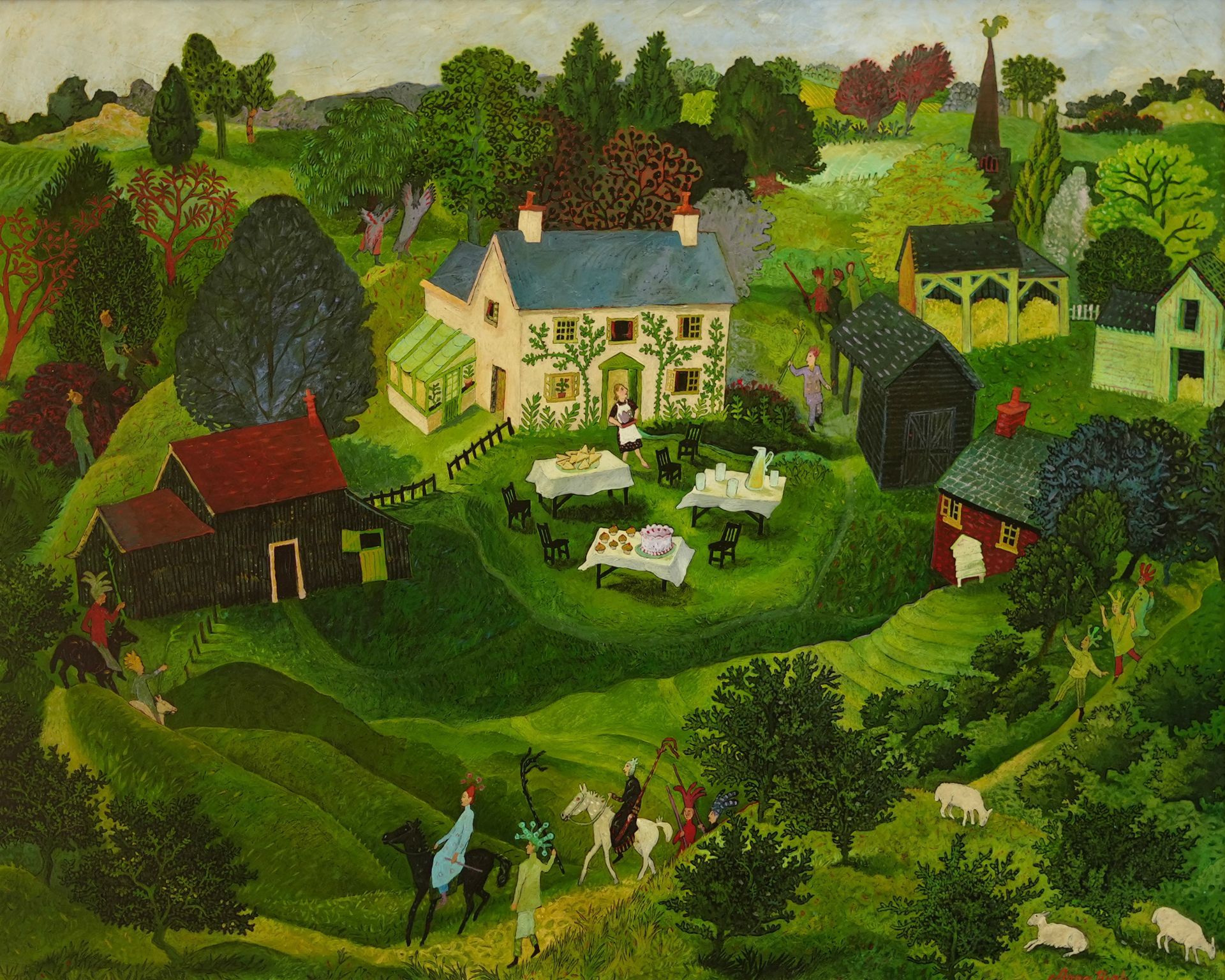 Colorful folk art scene: a white house with a party in the yard, surrounded by hills, trees, and figures.