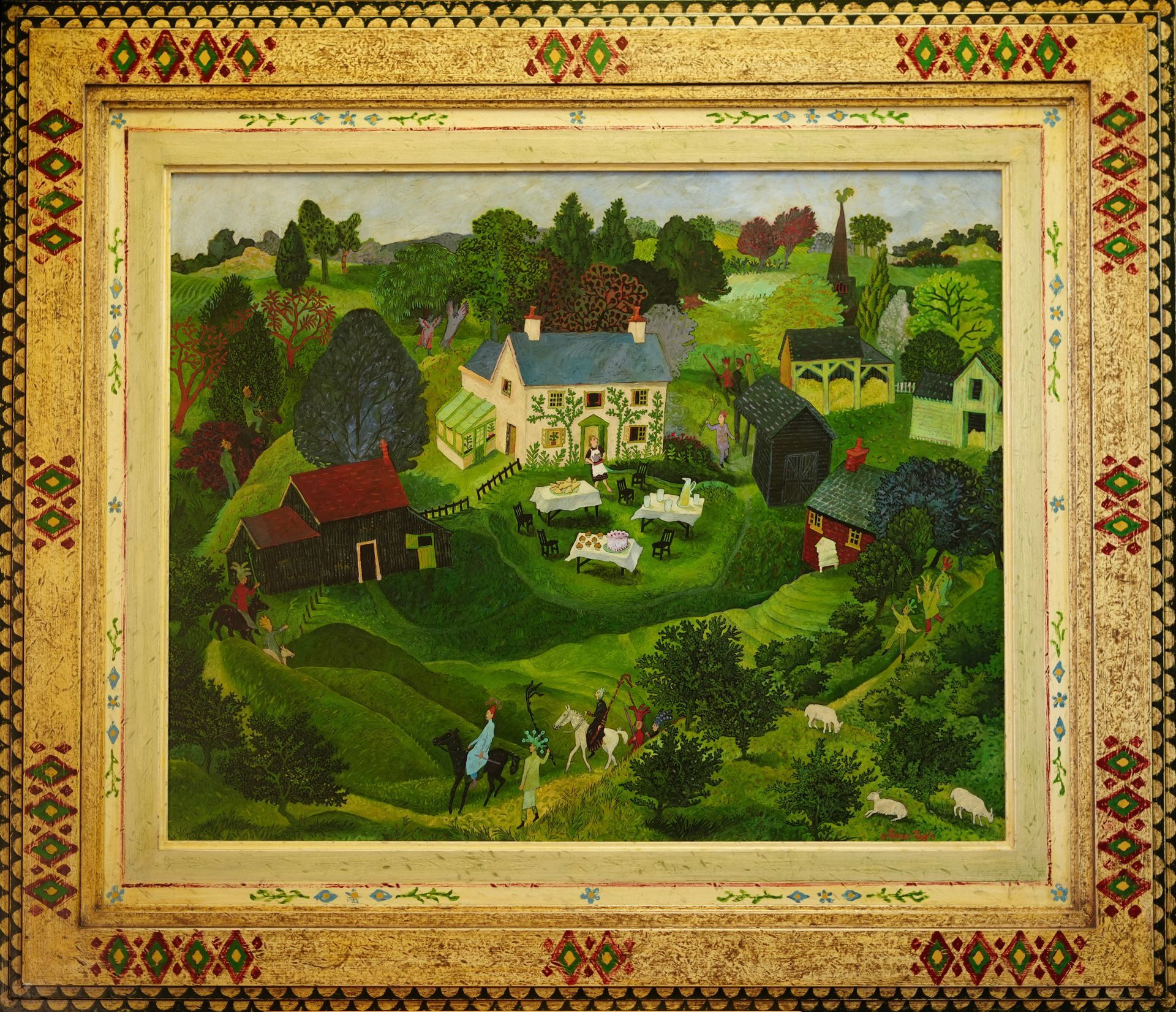 Rural landscape with a white house, rolling green hills, trees, and small figures in a decorative golden frame.