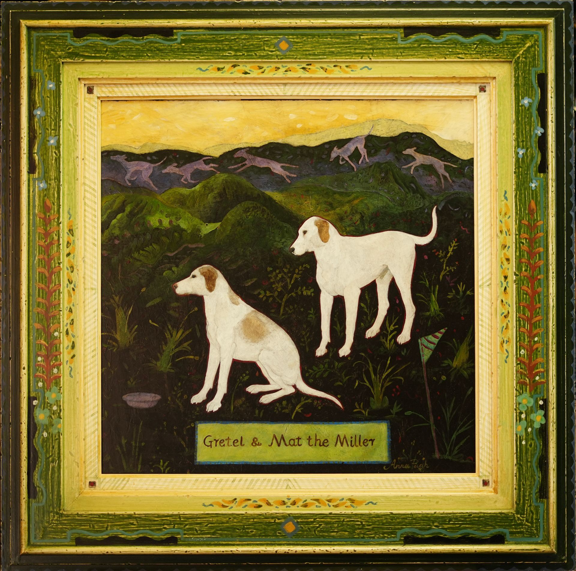 Two white dogs in a field with mountains in the background, framed. Text reads: