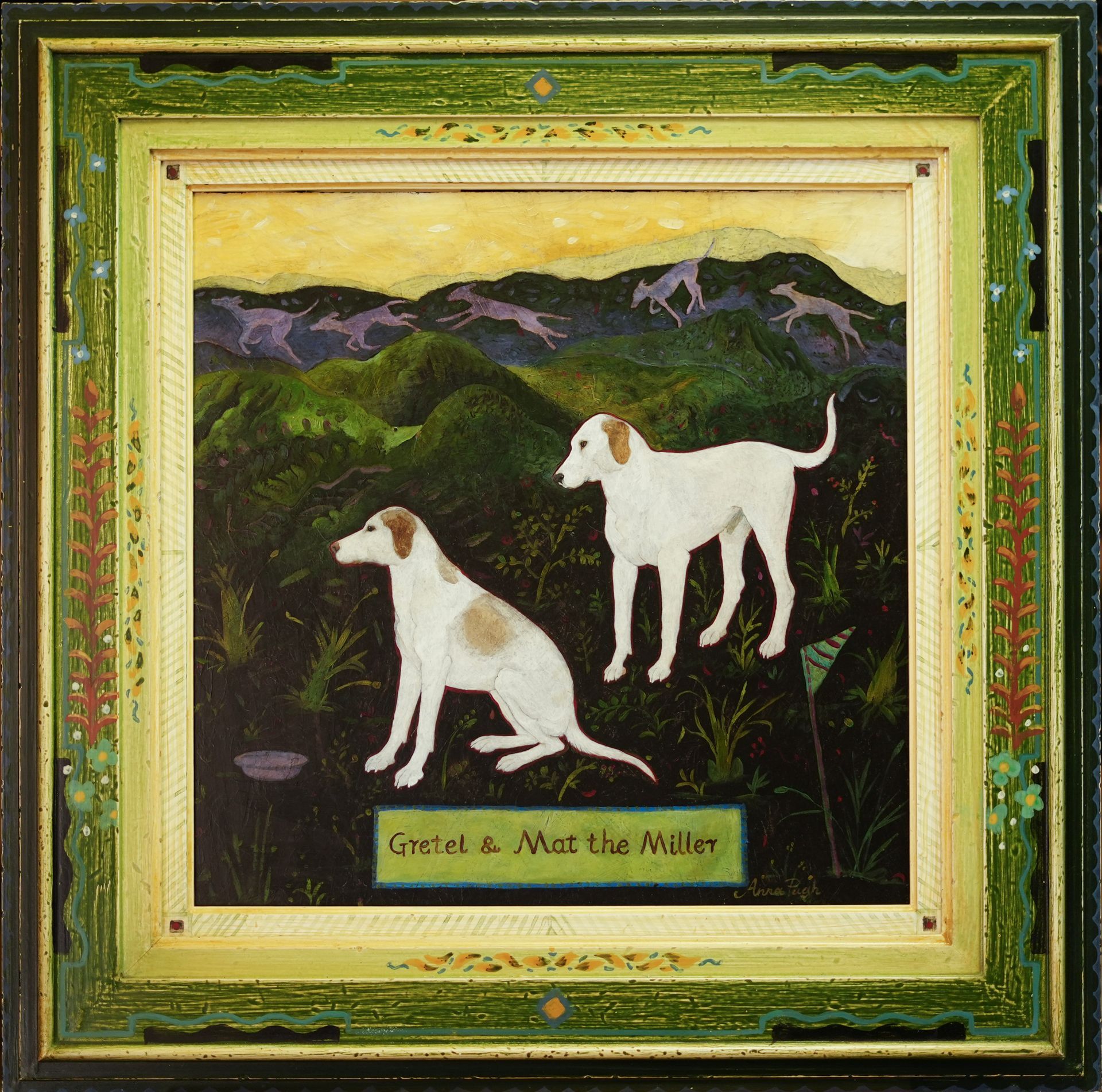 Two white dogs in a field with hills and running dogs in the background. Painting titled