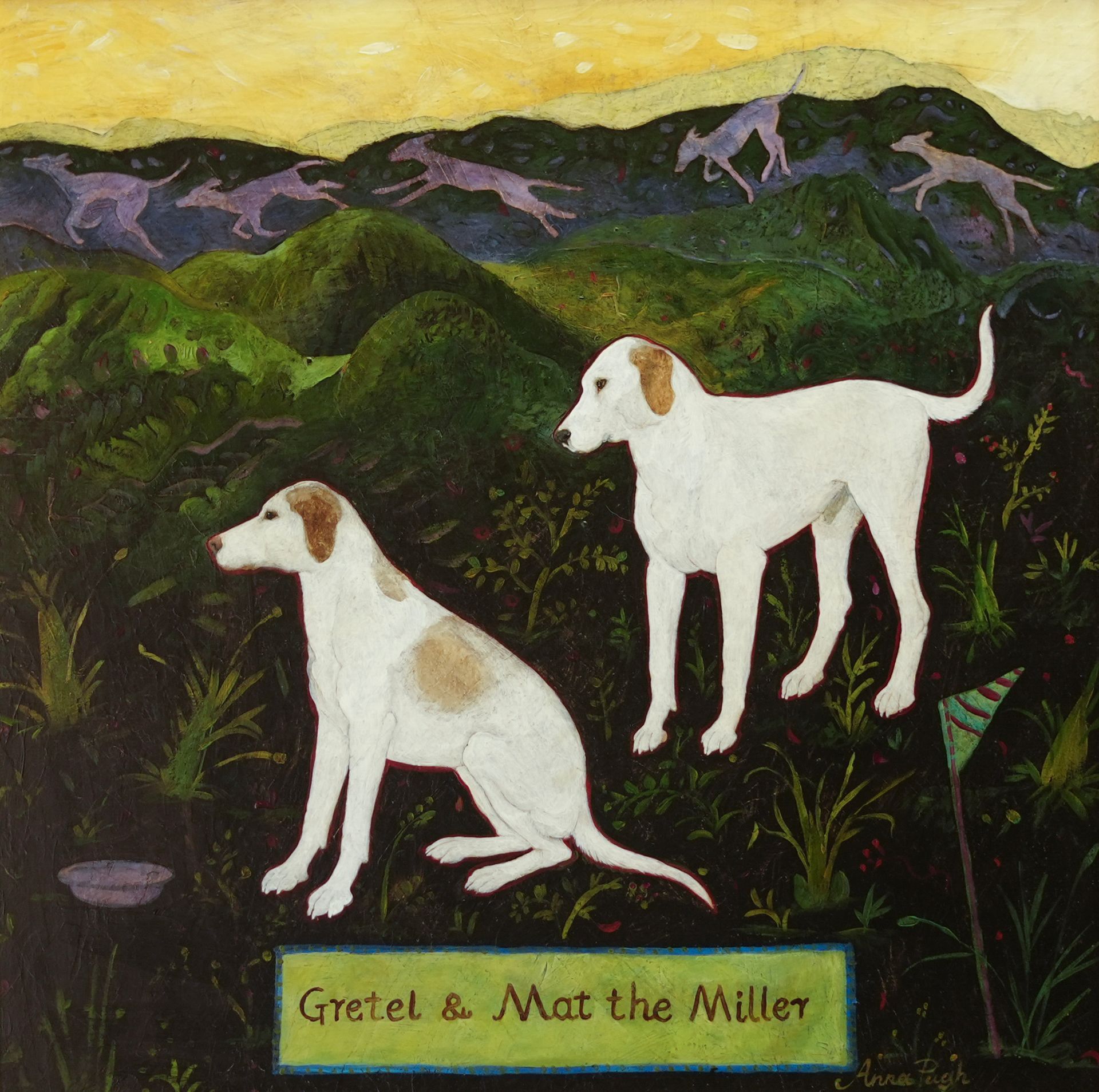 Two white dogs in a field; other dogs in background. Title: