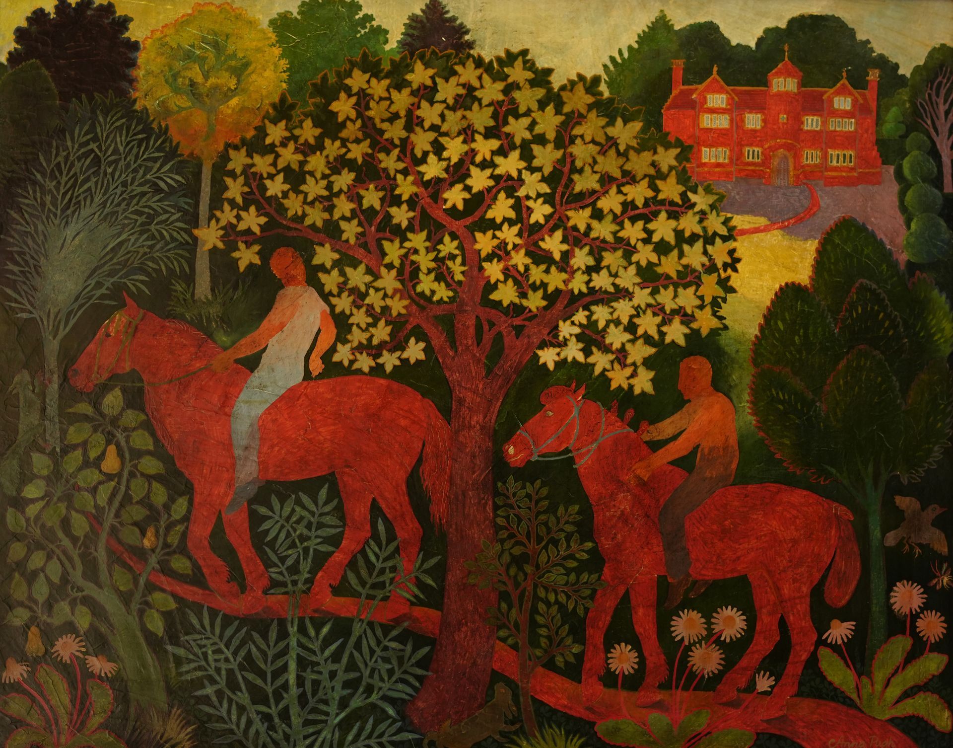 Two riders on red horses near a tree, red mansion in background, colorful forest scene.