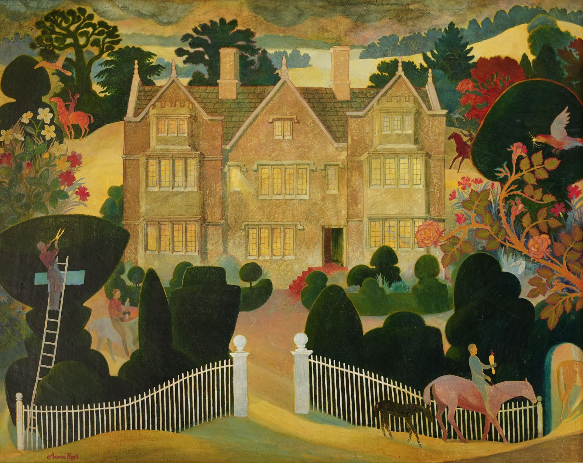 A stately house with a garden, figures, and horses. Brown and green landscape with yellow accents.