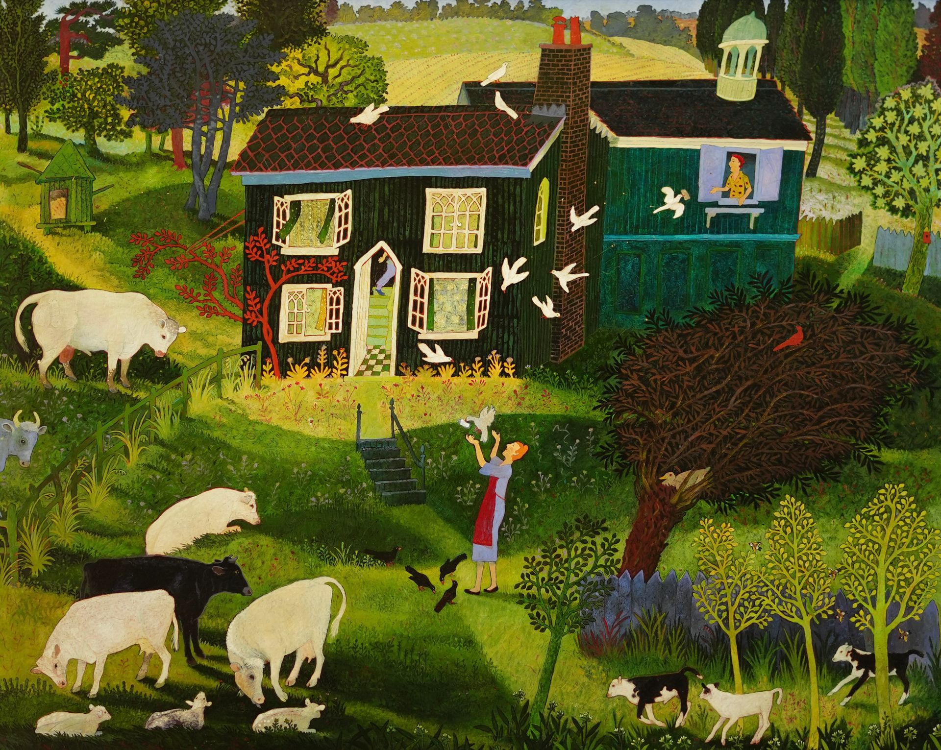 Pastoral scene: house, sheep, cows, and person releasing white doves.