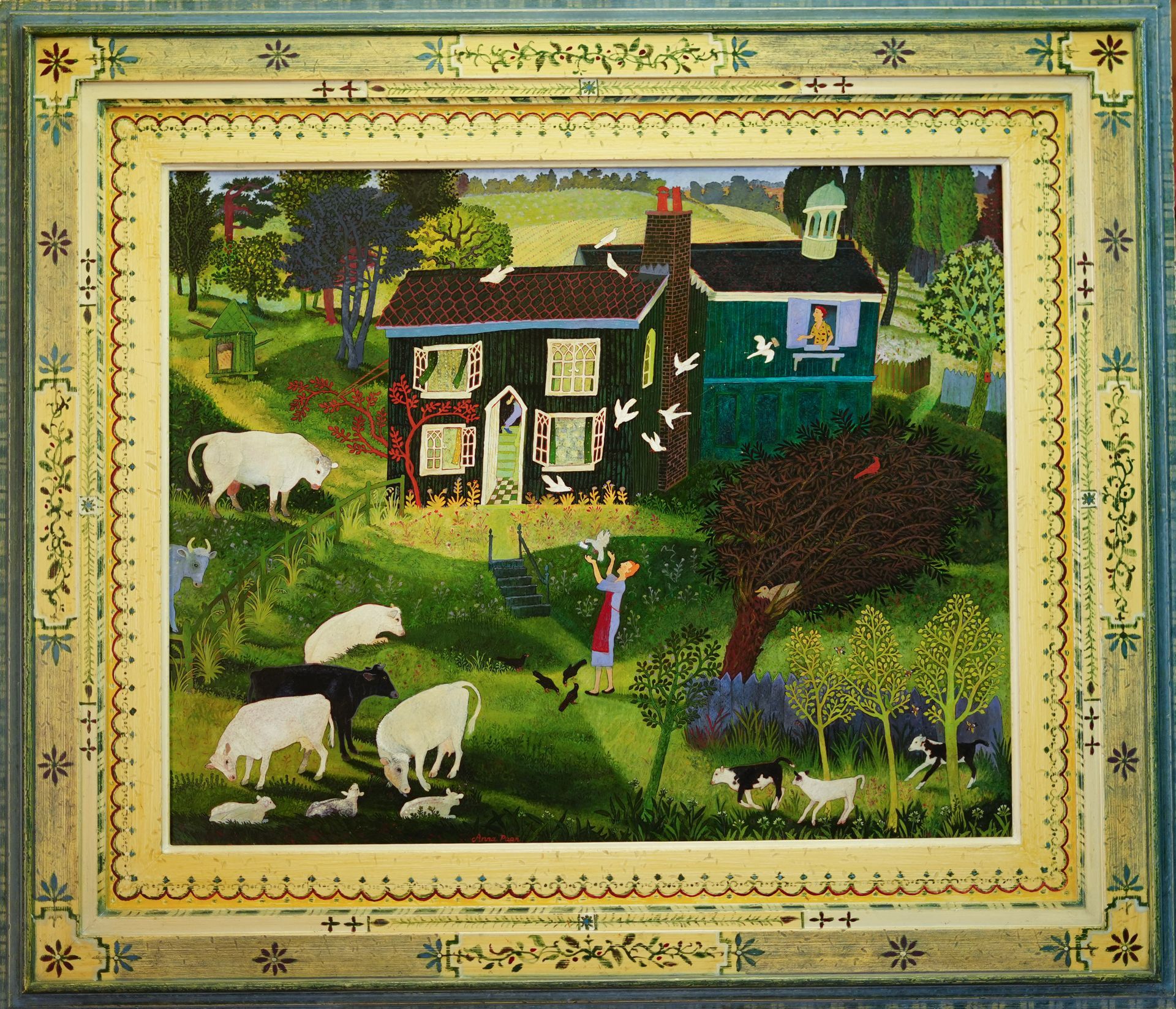 A folk art scene depicts a house with a green extension. Sheep, cows, a person, and birds fill the lush green yard.