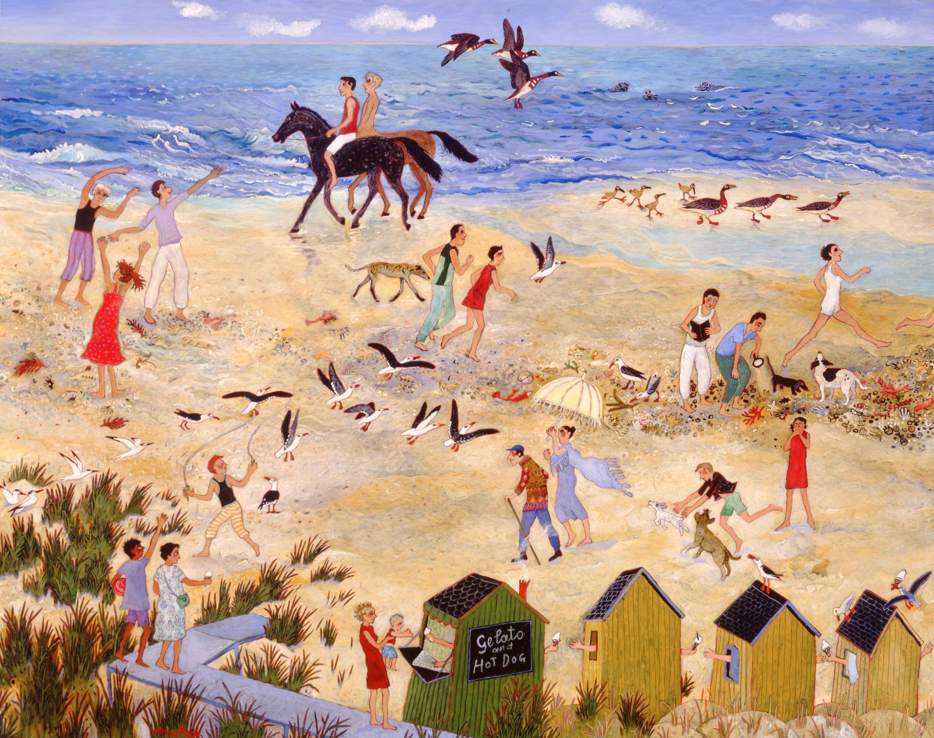 Beach scene with people, horses, dogs, and birds. Figures in colorful clothing on sand near ocean.