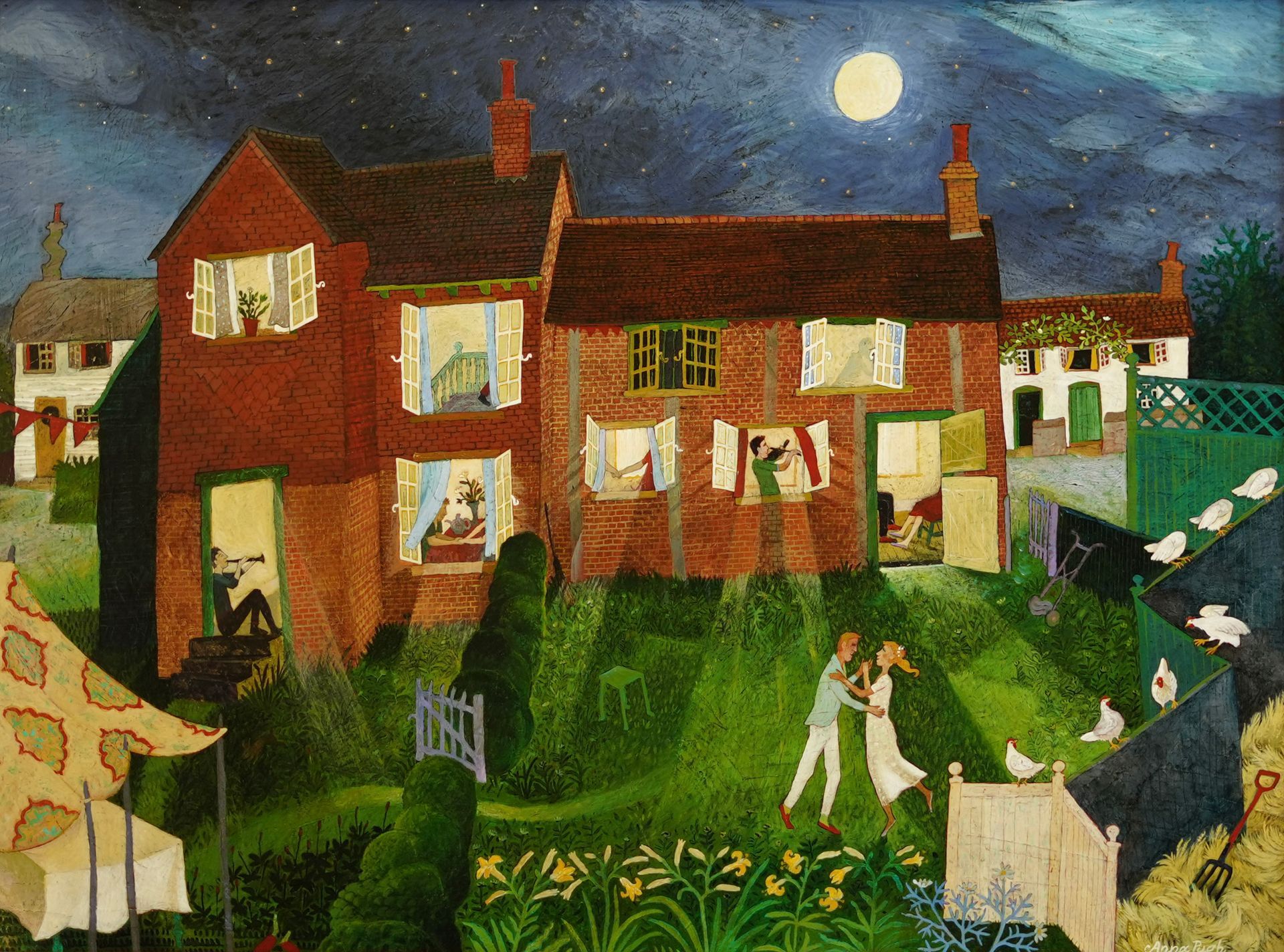 Night scene: Houses with lit windows, figures dancing in a garden under a full moon, blues, greens, and reds dominate.
