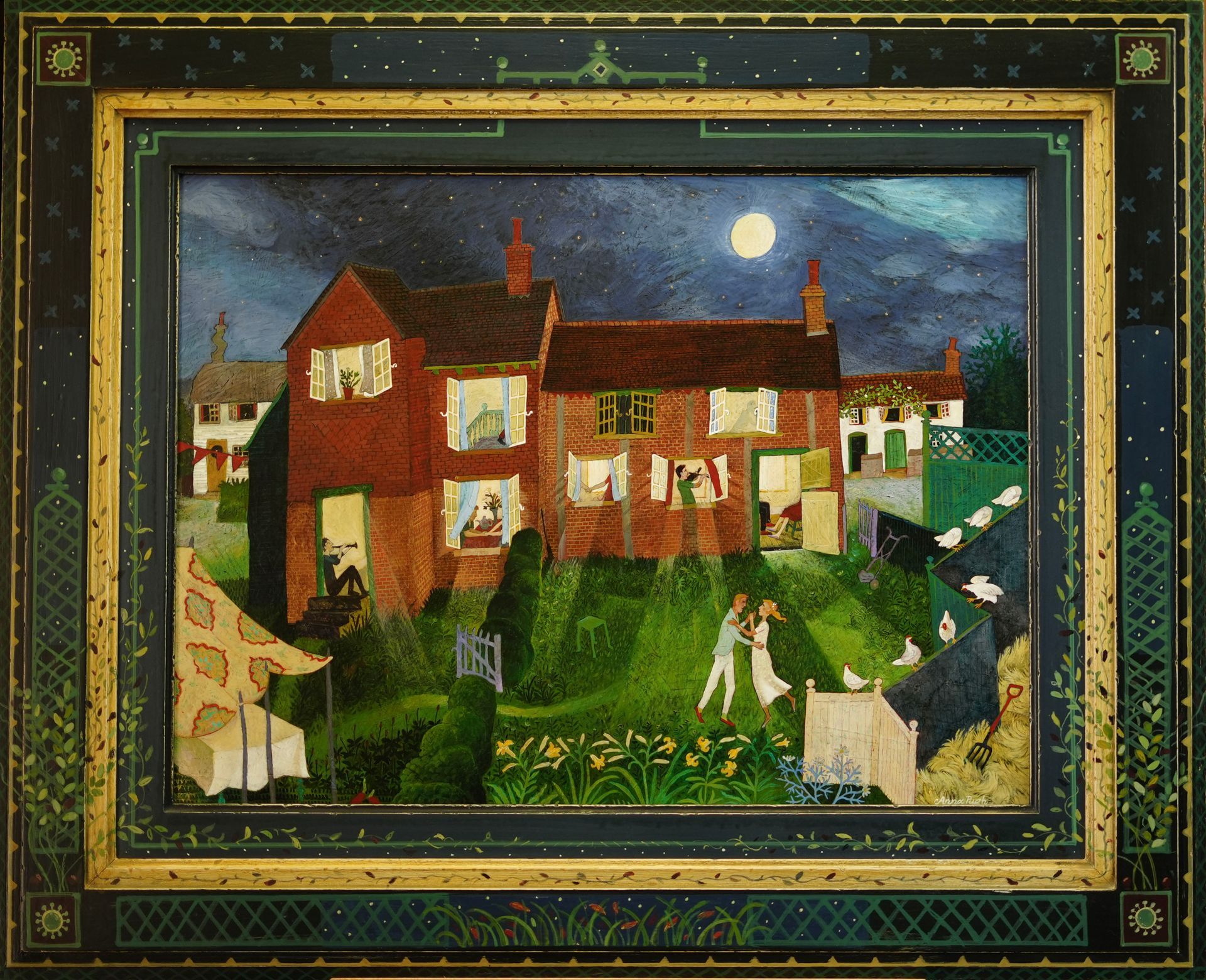 Night scene: couples dancing in moonlit garden; red brick houses; laundry on clotheslines.