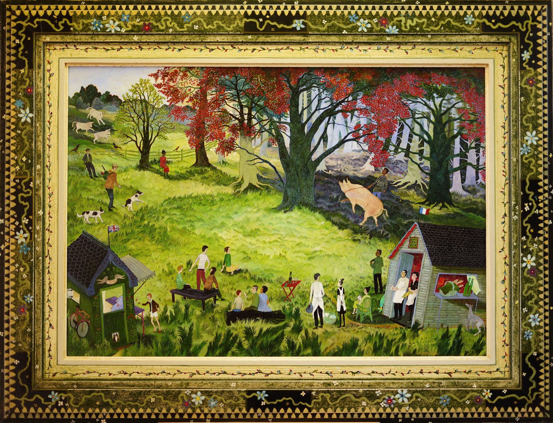 Whimsical landscape painting: people, pig, red-leafed trees, cottage, fields. Framed, gold/green border.