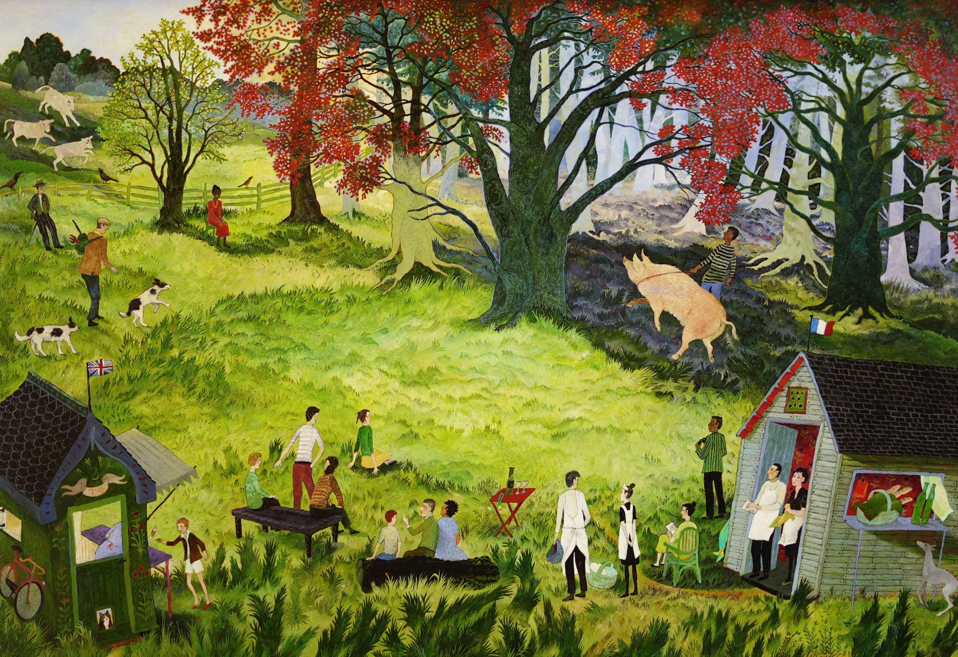 People and a pig in a vibrant landscape with red and green foliage, interacting near buildings.
