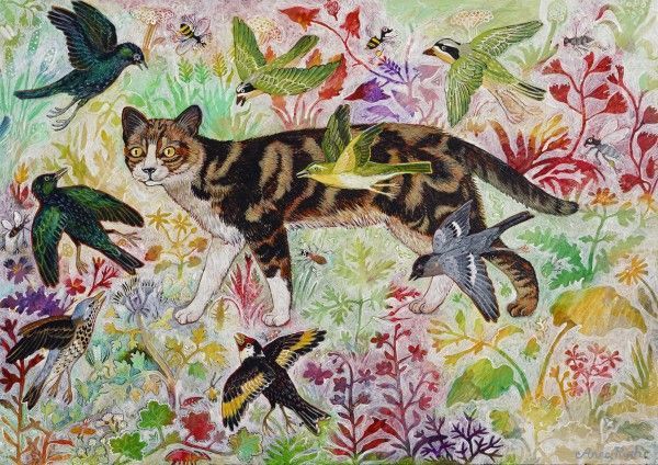 a painting of a cat surrounded by birds and flowers .