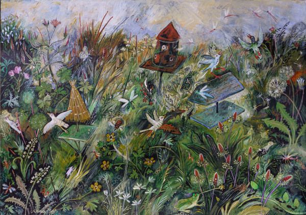 it is a painting of a garden with birds and flowers .