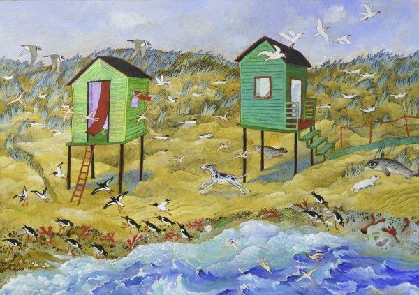a painting of two beach huts surrounded by birds and a dog .