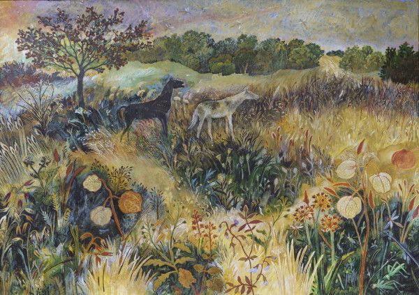 it is a painting of a horse and a donkey in a field .