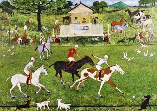 a painting of people riding horses playing polo in a field .