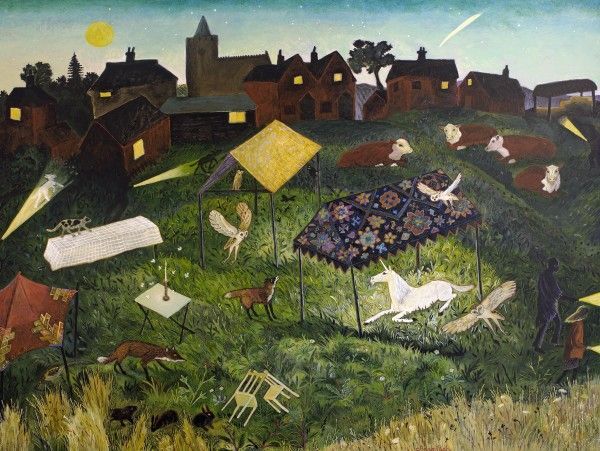 a painting of a unicorn running in a field