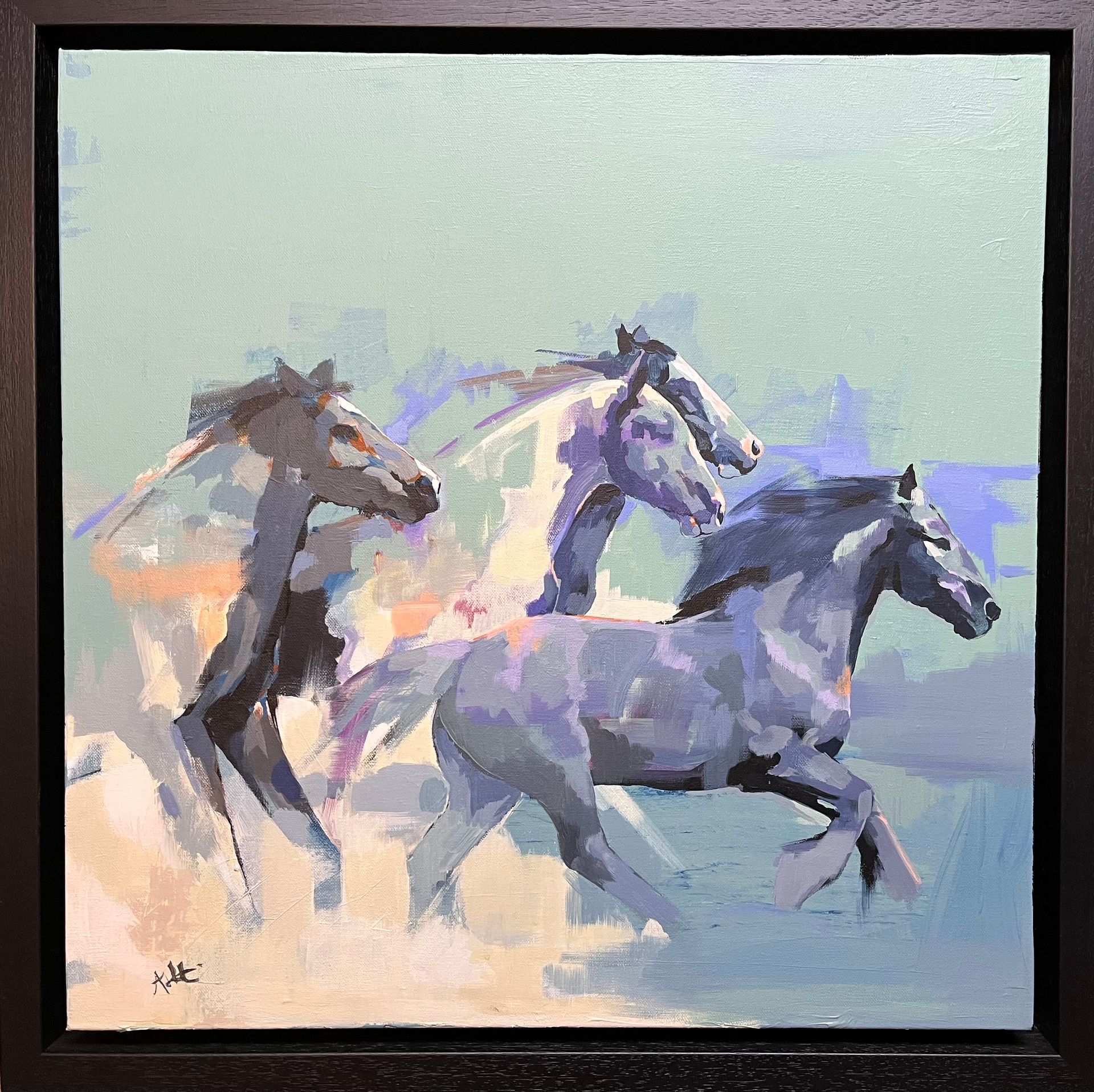 Horses running across a plain, depicted with impressionistic brushstrokes, in shades of blue and gray.