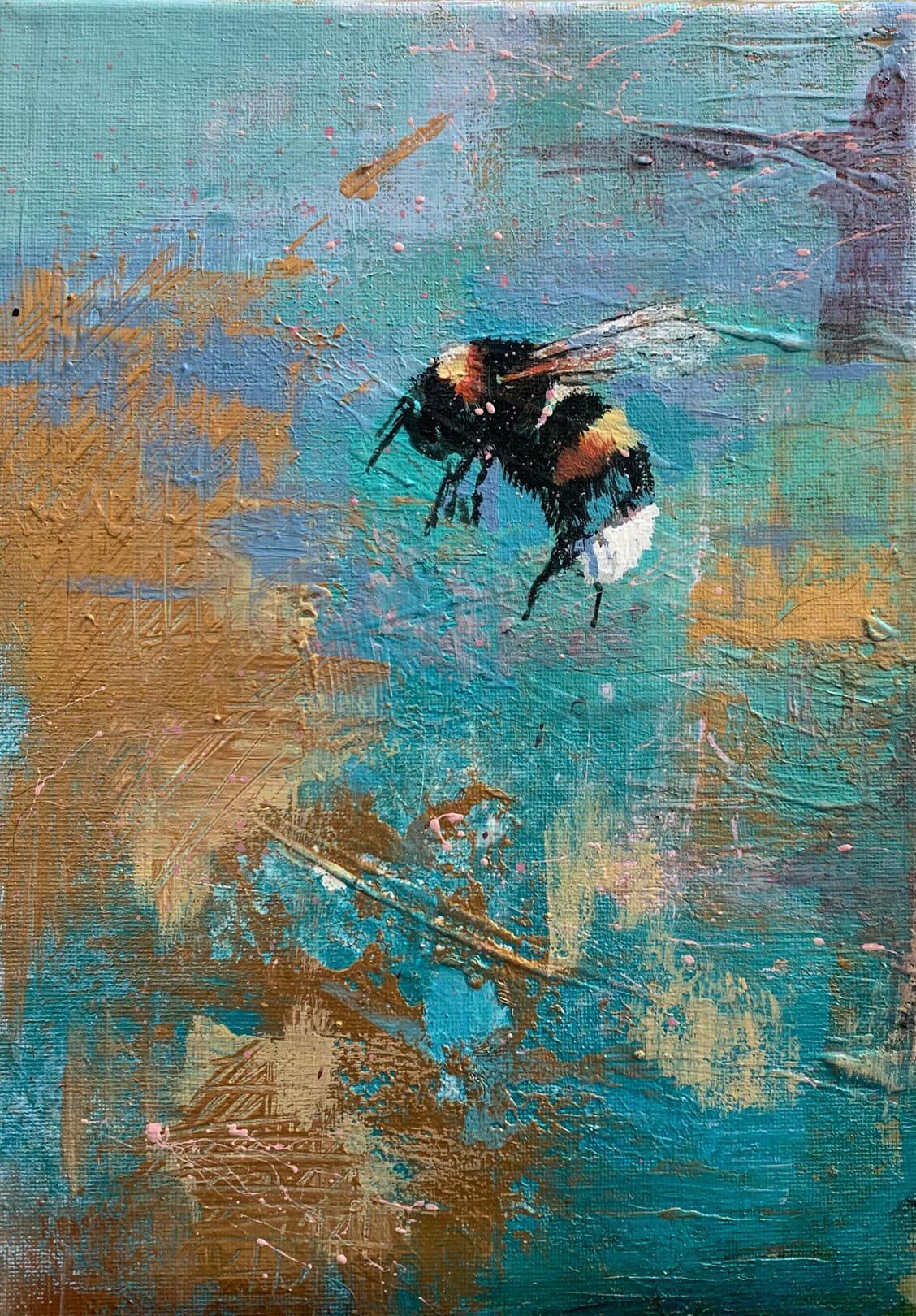 A painting of a bee flying over a body of water.