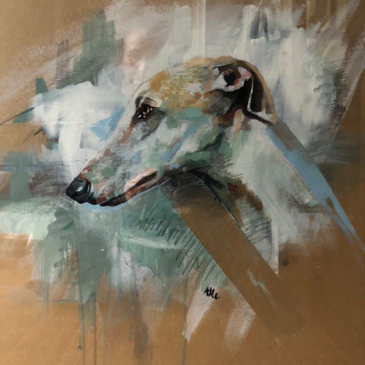 A close up of a painting of a dog 's head