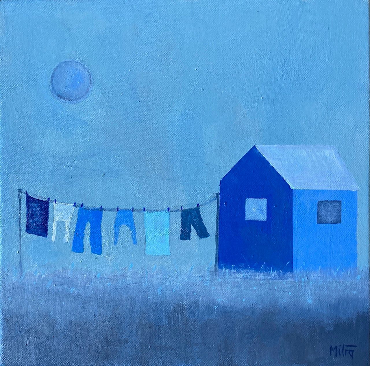 Blue house with clothesline; various blue pants drying. Moon in the sky.