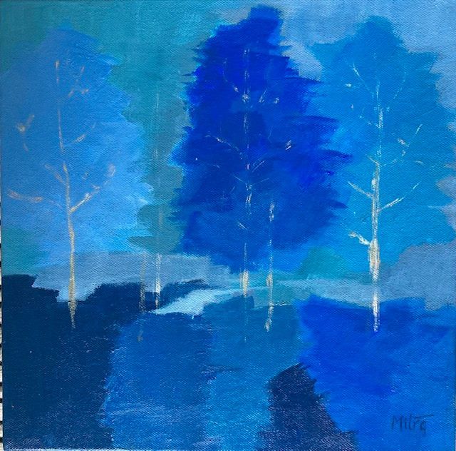 Blue impressionistic painting of trees in a forest with cool blue hues.