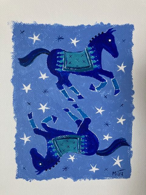 Two blue horses with teal blankets, surrounded by white stars on a blue background.