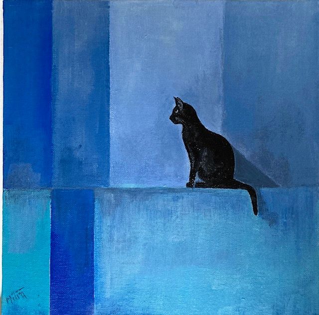 Black cat sits atop blue structure, gazing right. Blue geometric background.