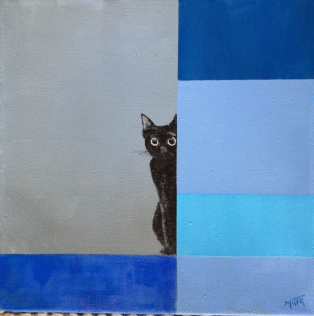 Black cat peeking from behind a gray and blue color-blocked background.
