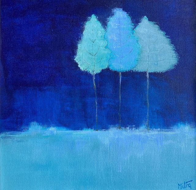 Three stylized trees in shades of blue and turquoise against a dark blue background.