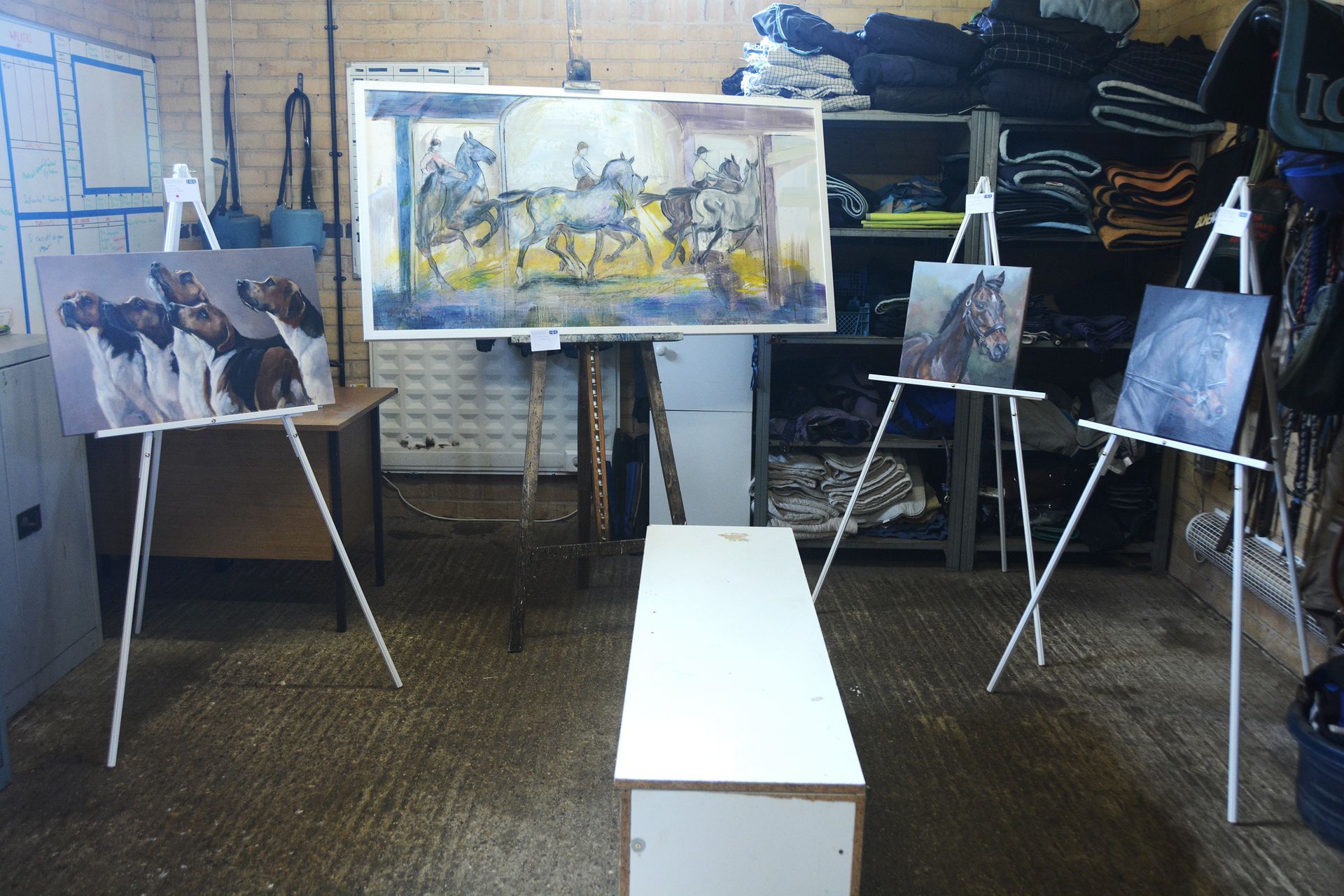 Paintings on easels in a room, including horses and dogs. A white bench is in front.