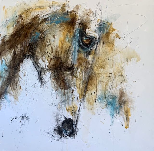 a painting of a horse with a blue eye