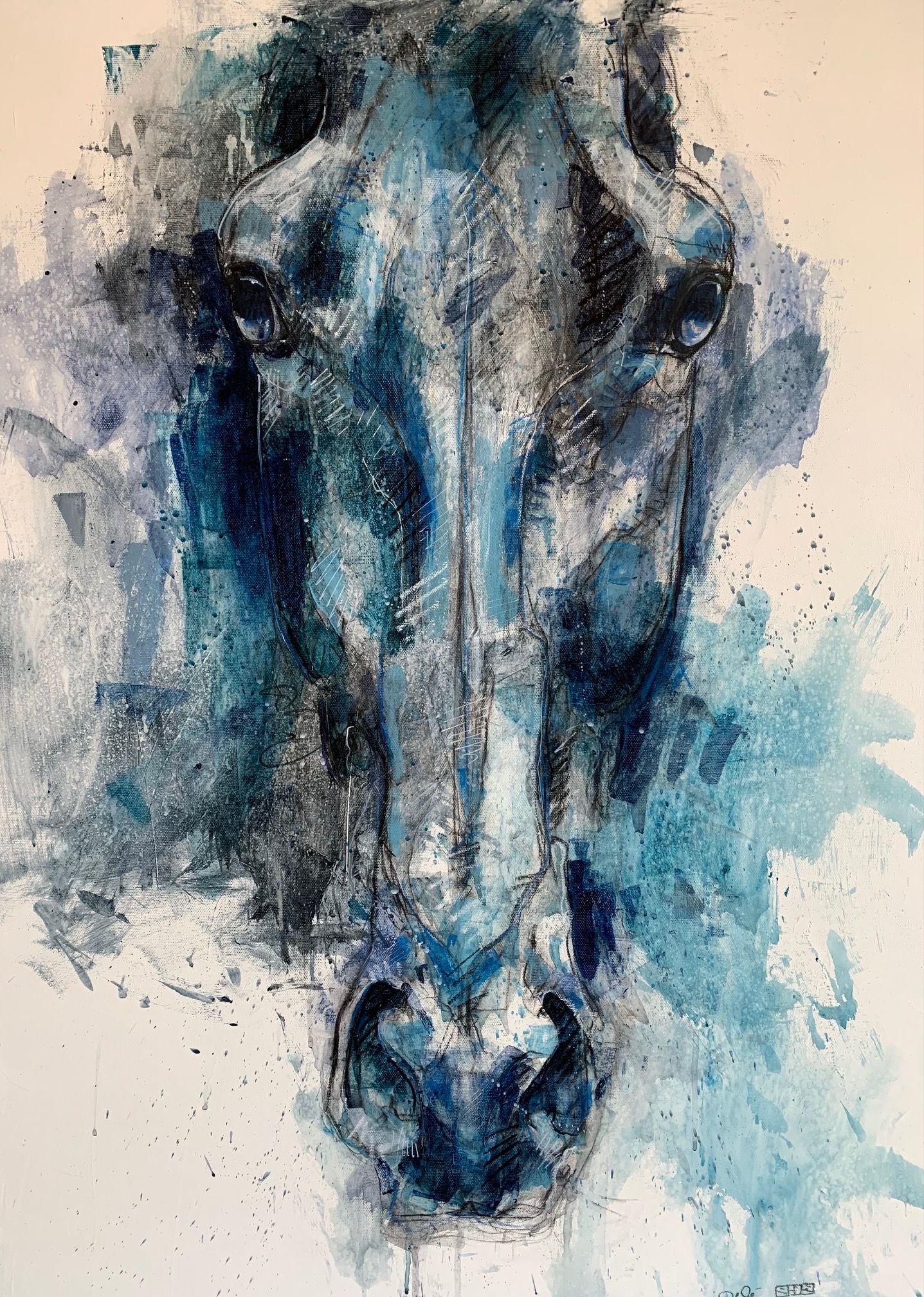 a painting of a horse 's head signed by the artist