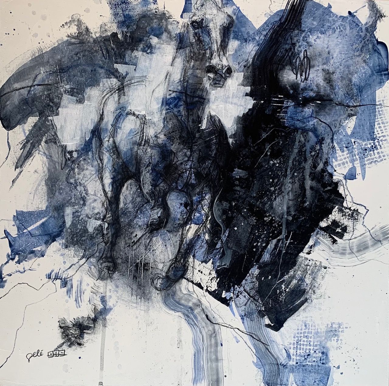 a black and white painting of a running horse