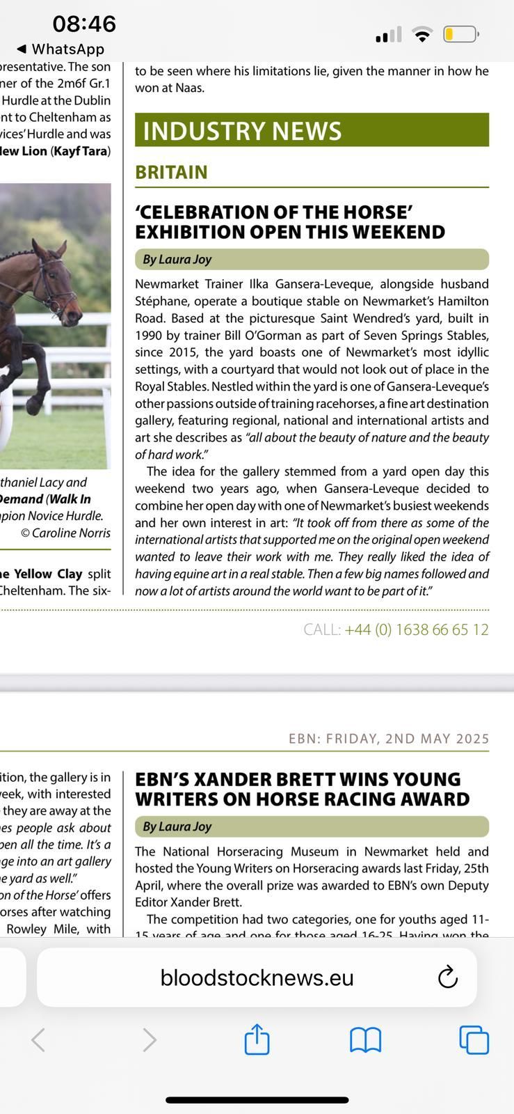 News article on a phone screen. Titles include 