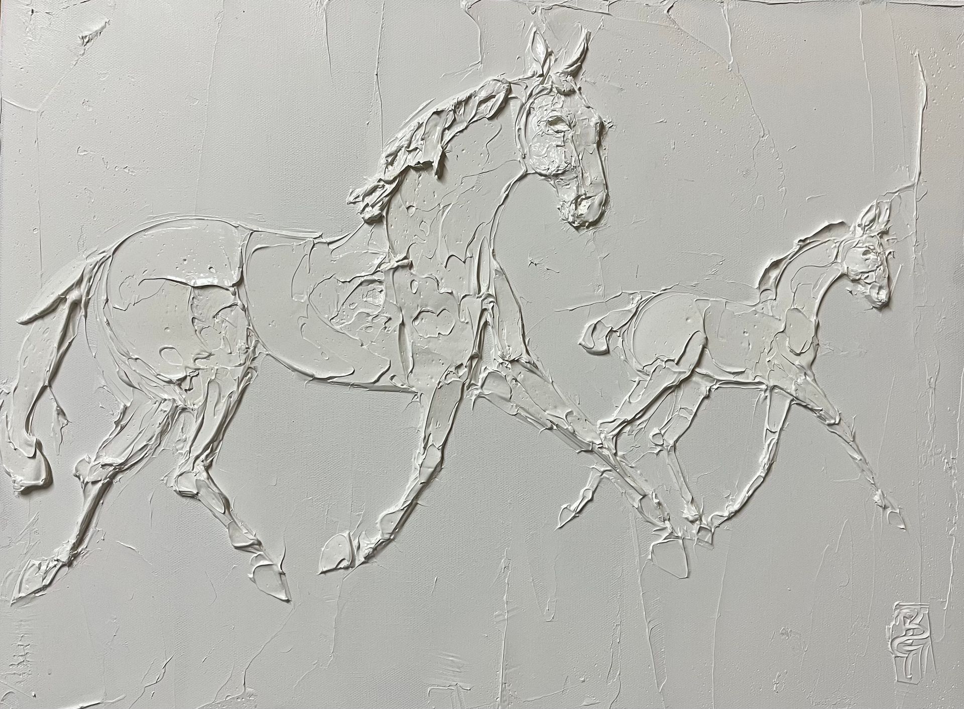 Textured white painting of two horses running.