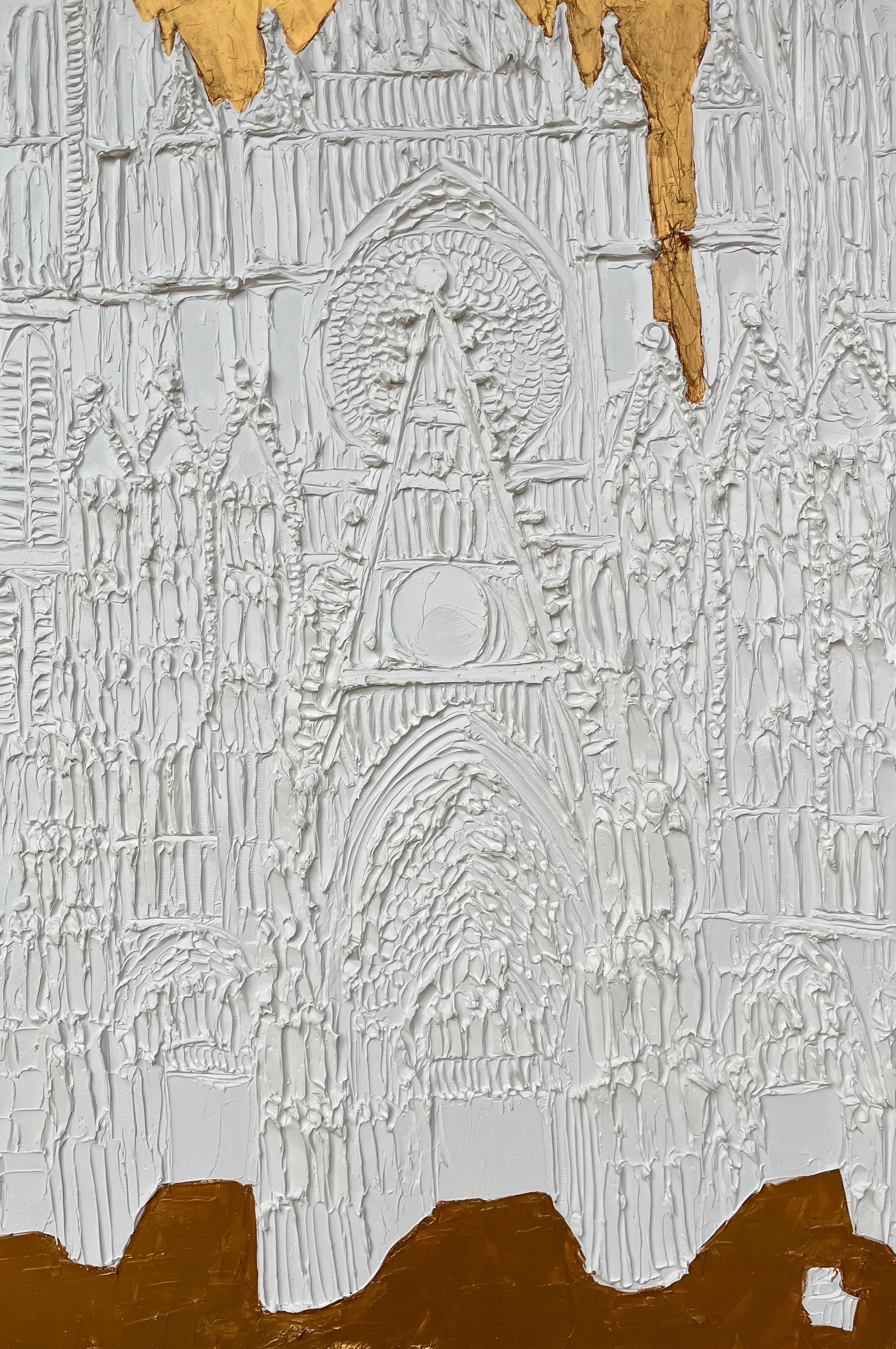 Embossed white cathedral on gold-brown backdrop. Textured, detailed facade.