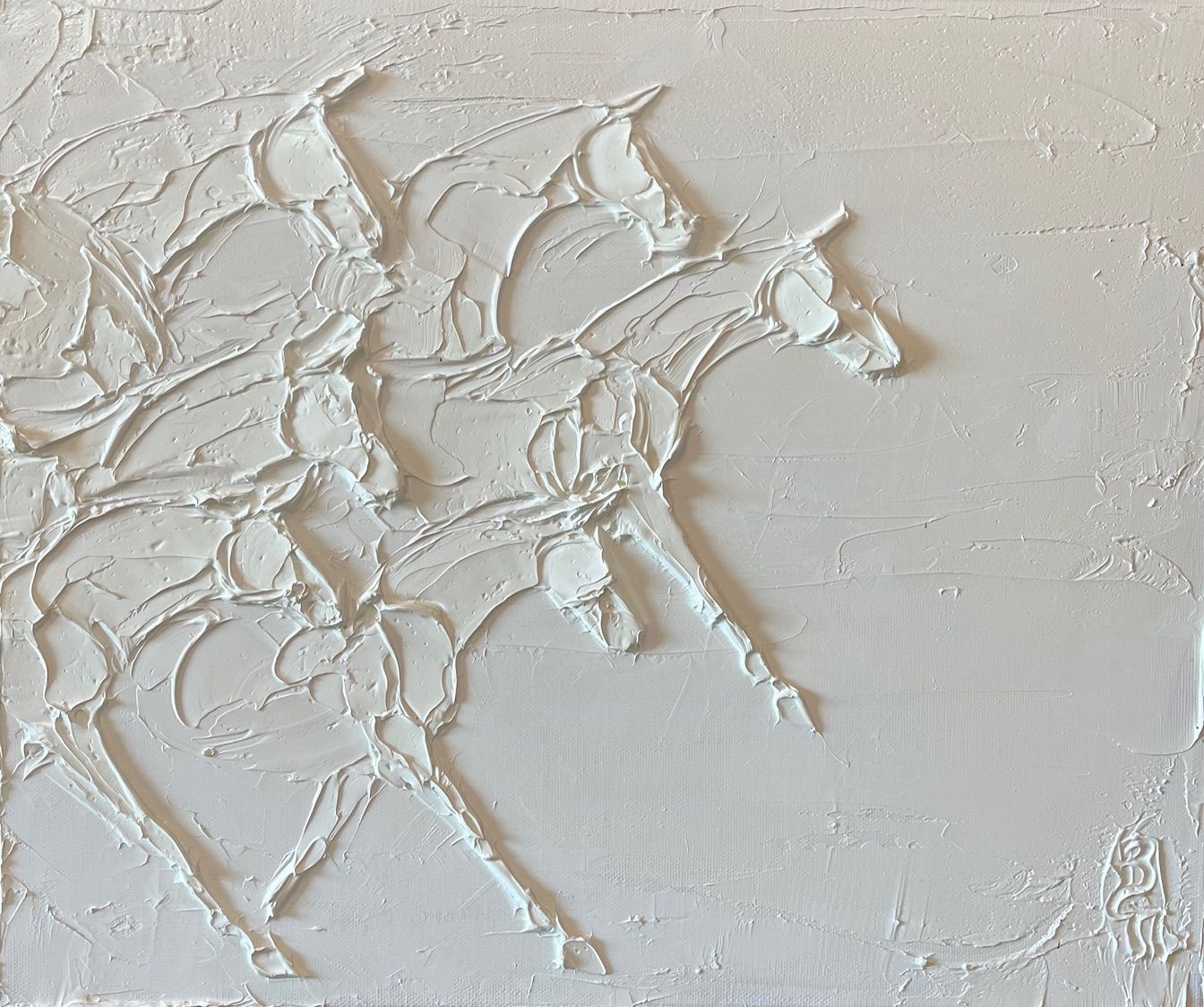 White textured painting of five horses running. The art is relief-style, with thick, raised lines.