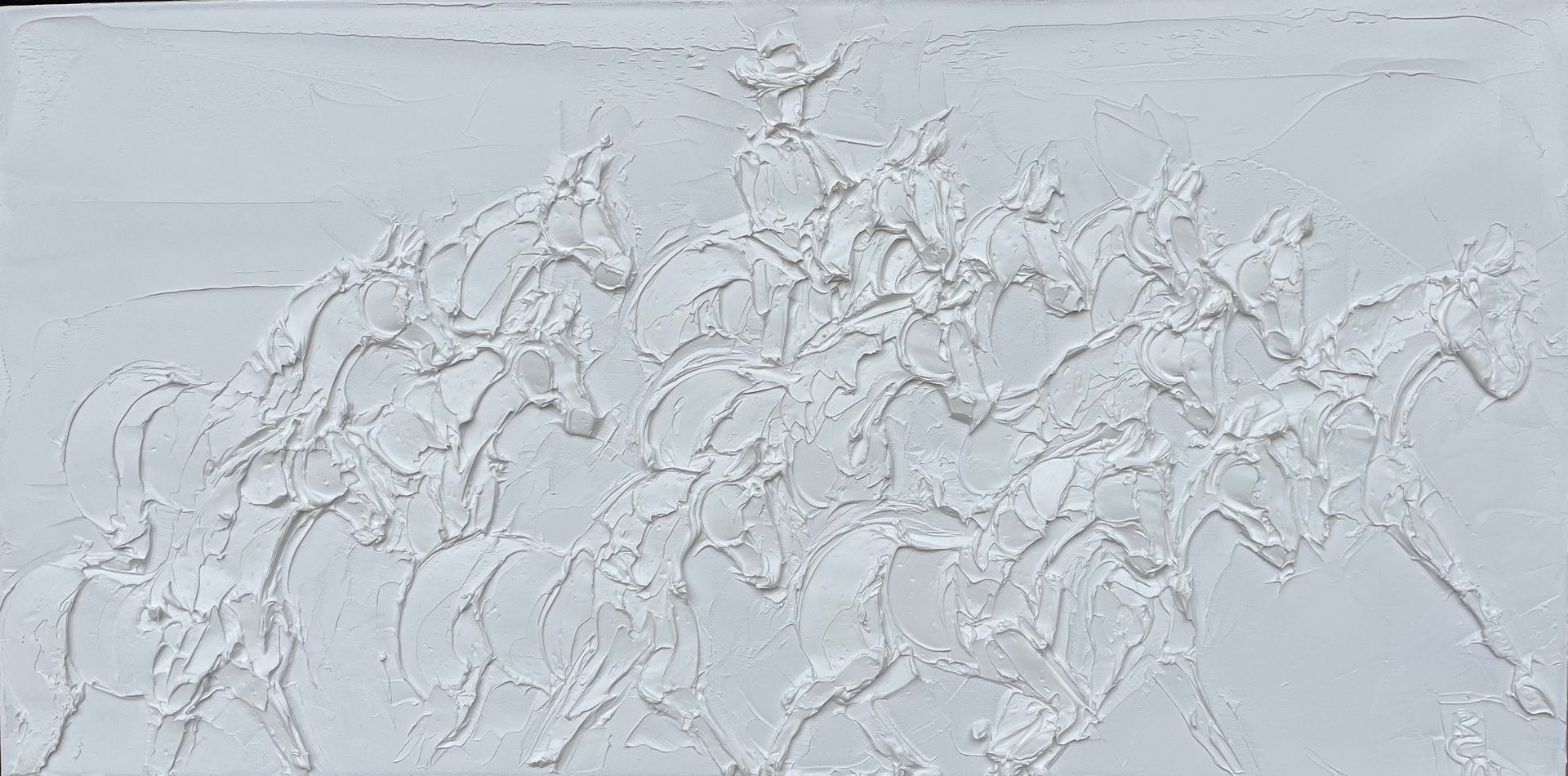 White textured artwork of several horses galloping.