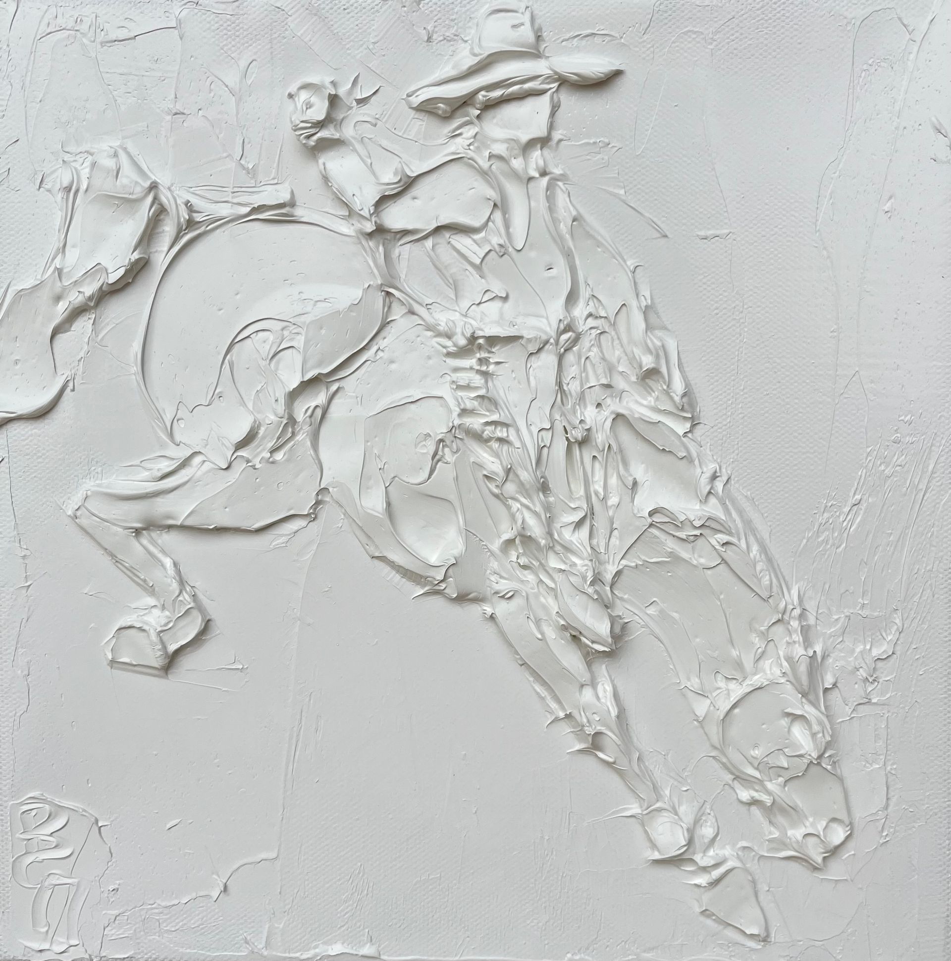 Textured white painting of a cowboy riding a bucking horse.