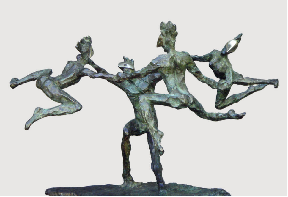 Bronze sculpture of three figures dancing. Figures are elongated, arms outstretched.
