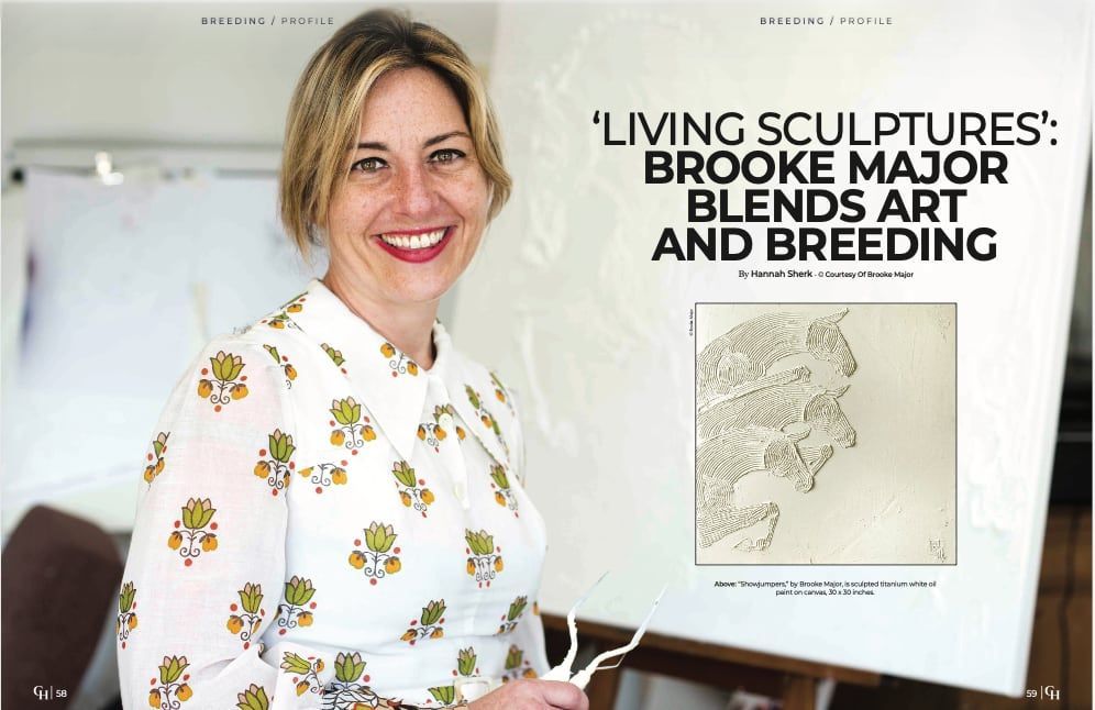 Woman beside framed artwork with headline “Living sculptures: Brooke Major blends art and breeding”