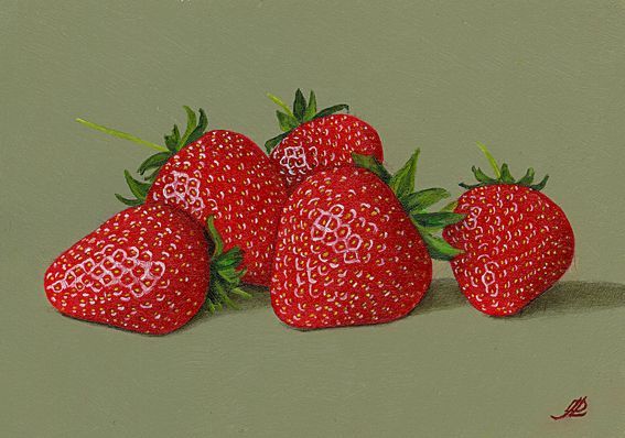 a painting of five strawberries on a green background .