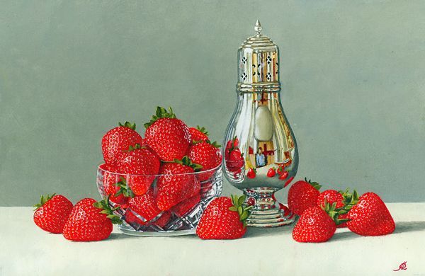 a painting of strawberries and a salt shaker on a table .