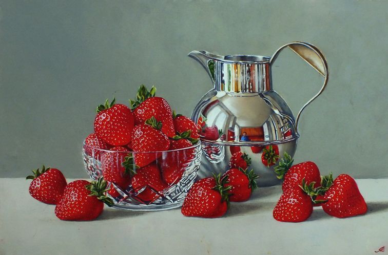 a painting of strawberries in a glass bowl next to a pitcher