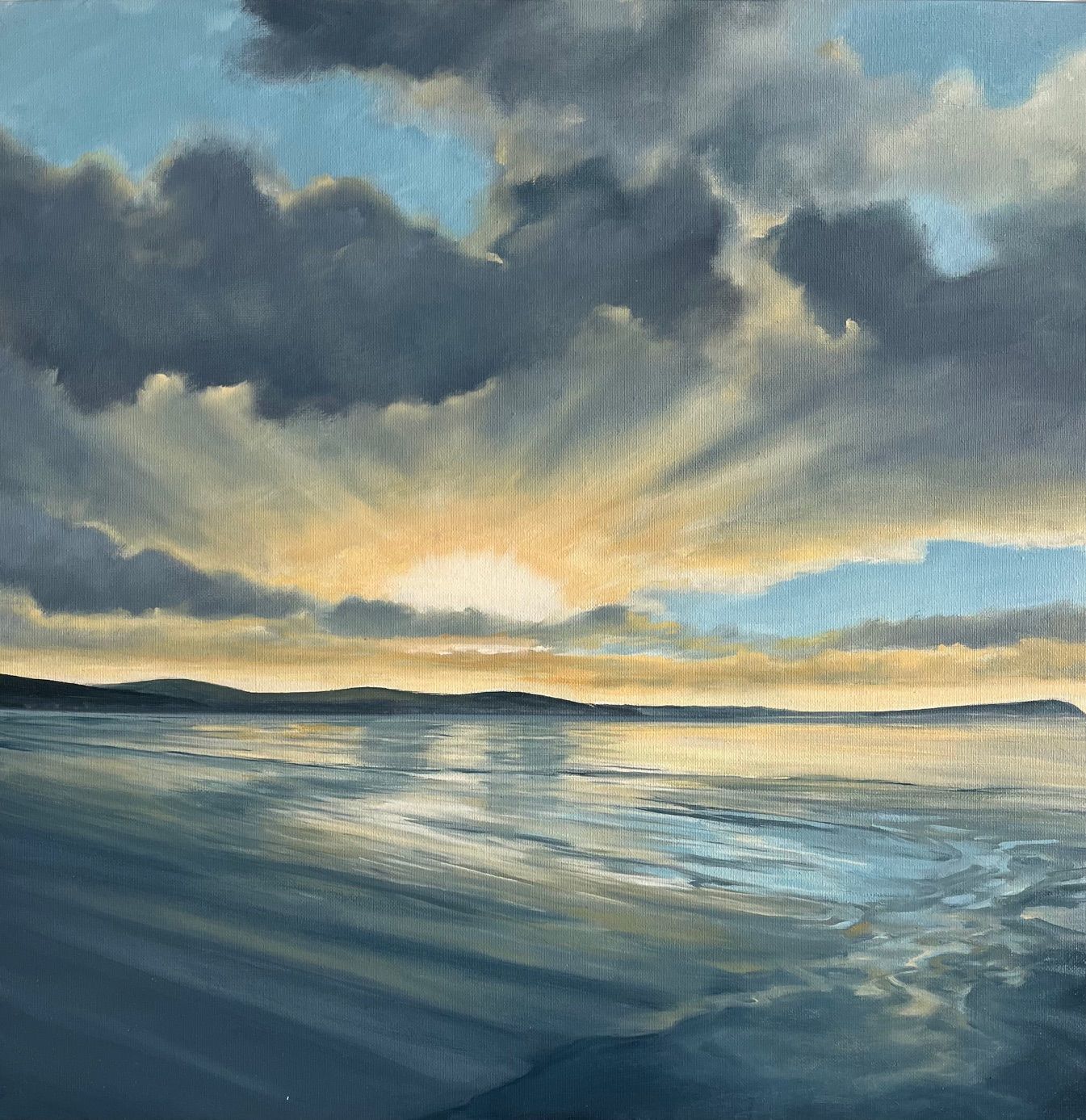 A painting of a beach with the sun shining through the clouds