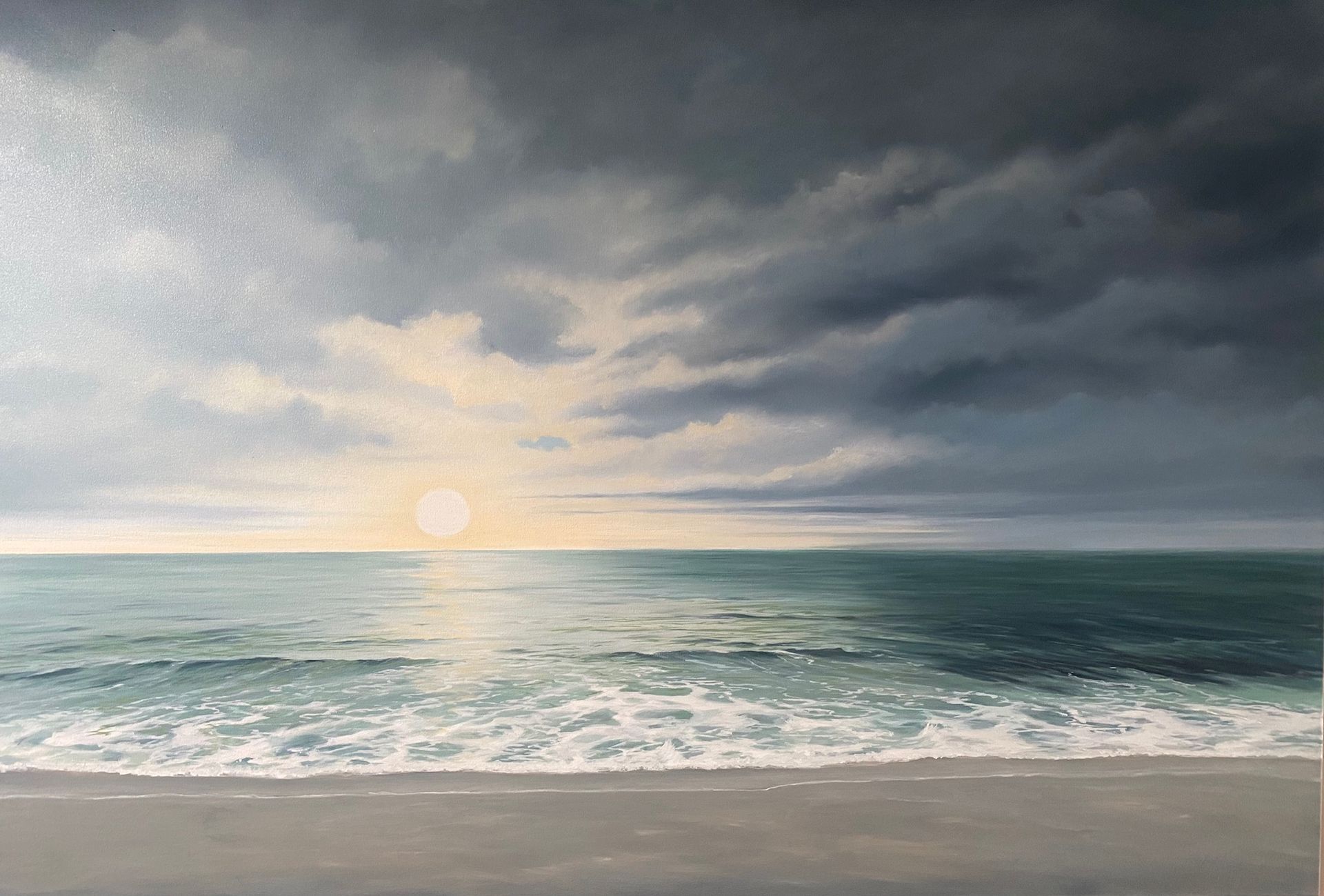 A painting of a sunset over the ocean with a cloudy sky