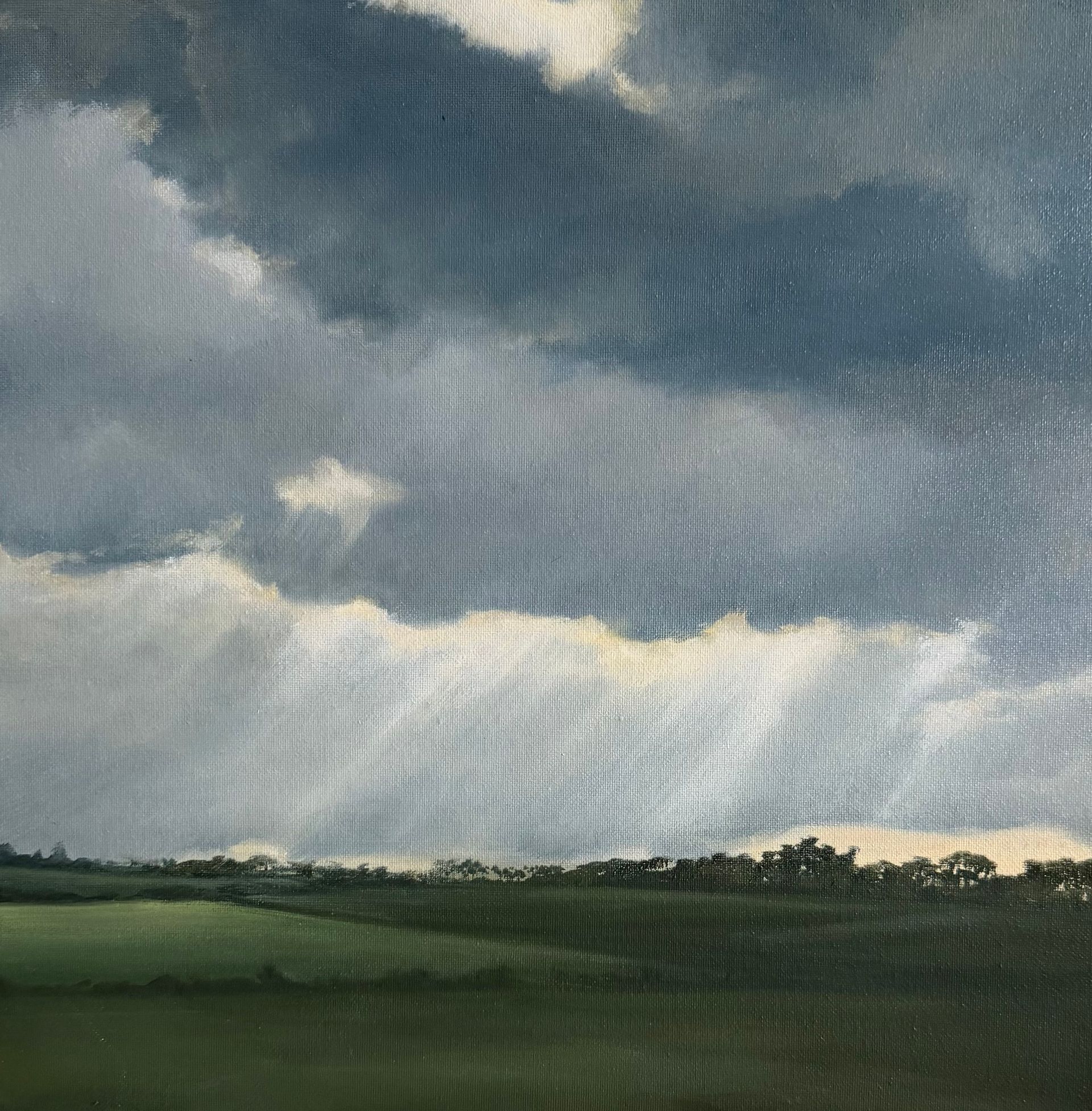 Dramatic sky with rain over a green landscape. Clouds, light, trees, and fields.