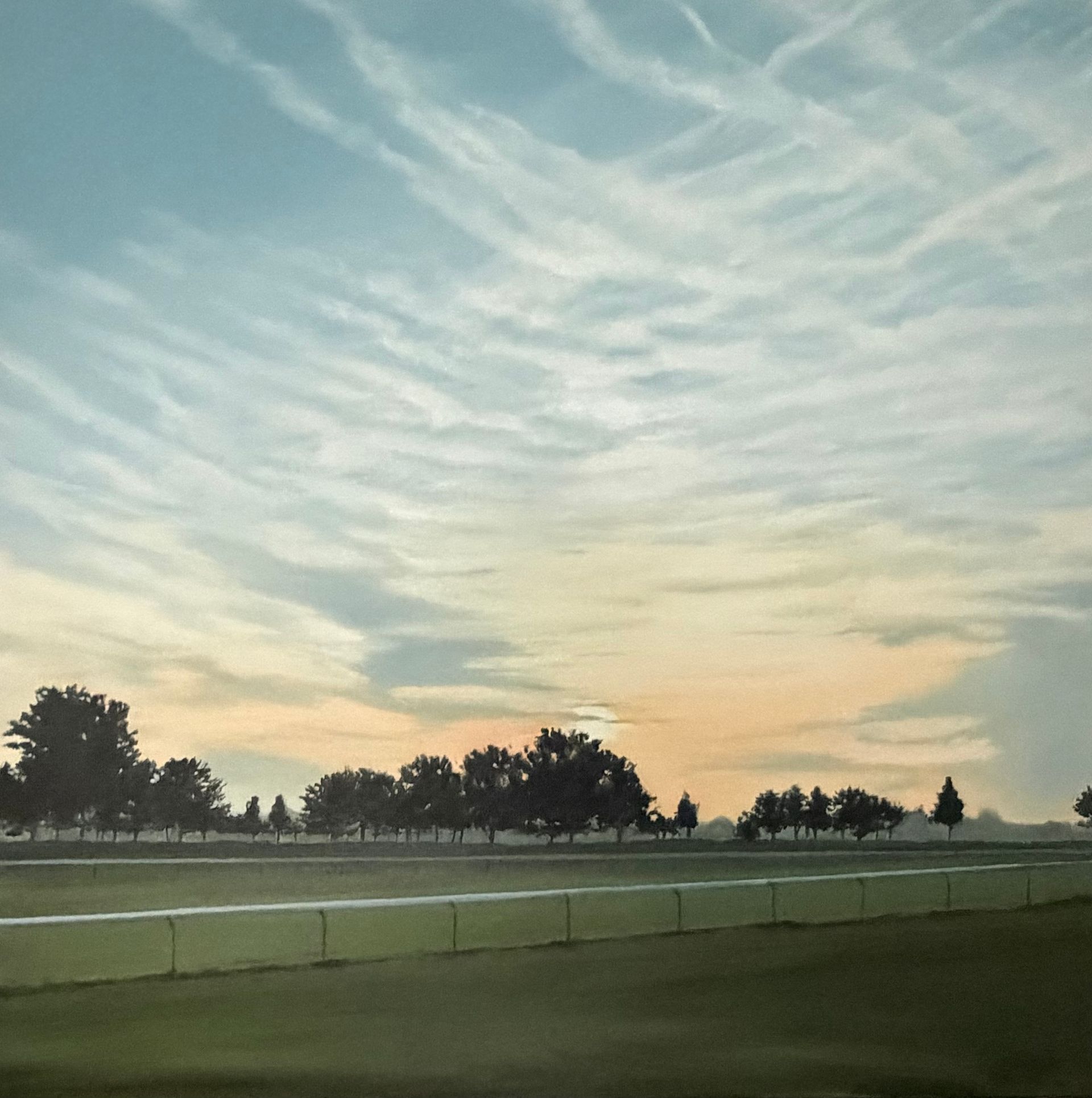 Blue sky with streaky clouds over a green field, line of trees, and white fence.