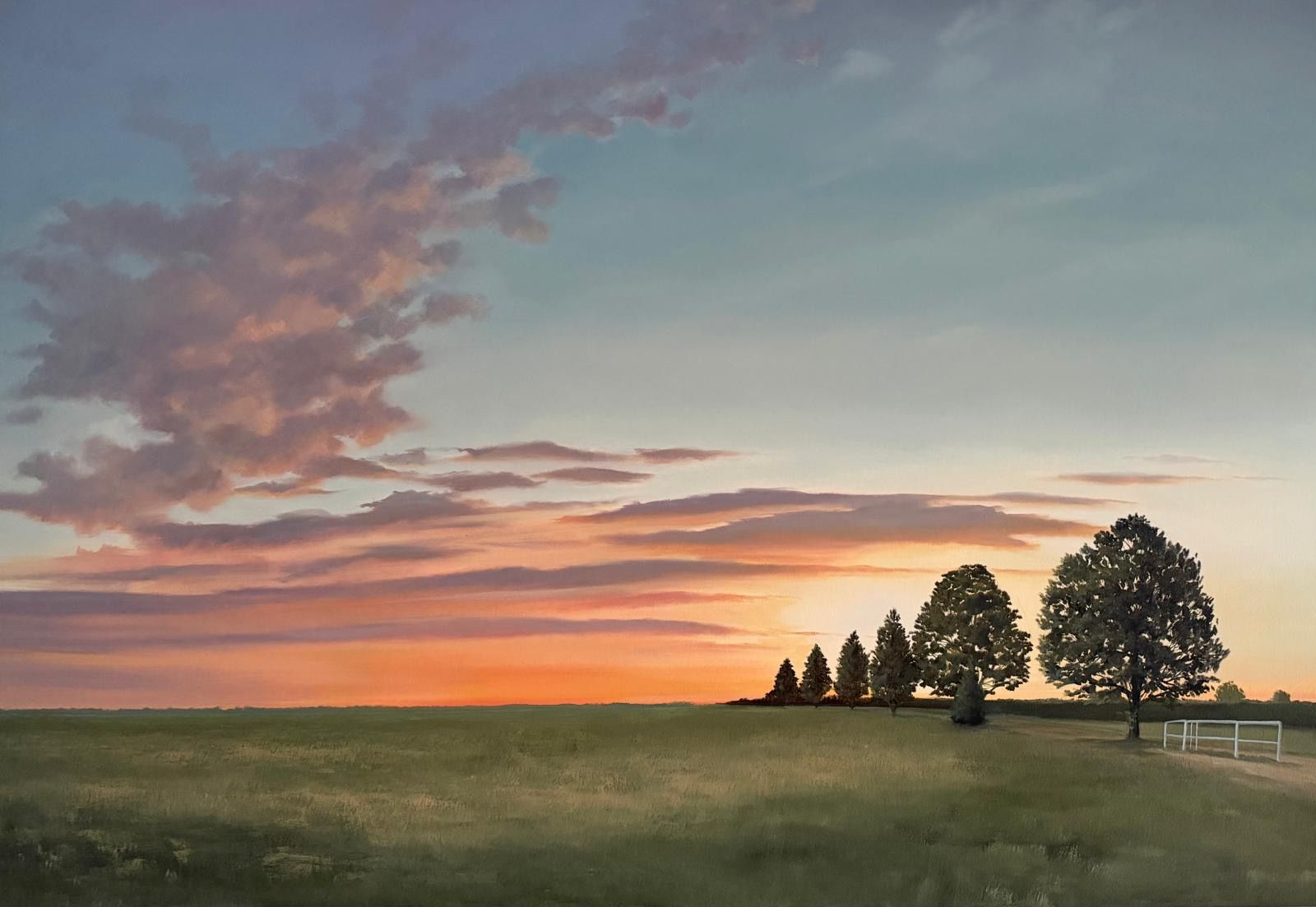 Sunset over a grassy field with a row of trees; pink and orange clouds in the sky.