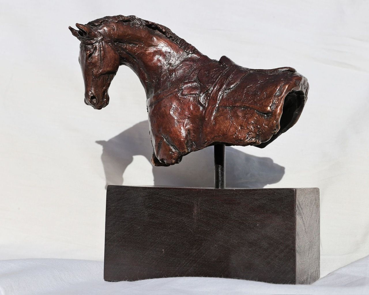 Bronze horse bust sculpture on a dark square base; head and shoulders only.